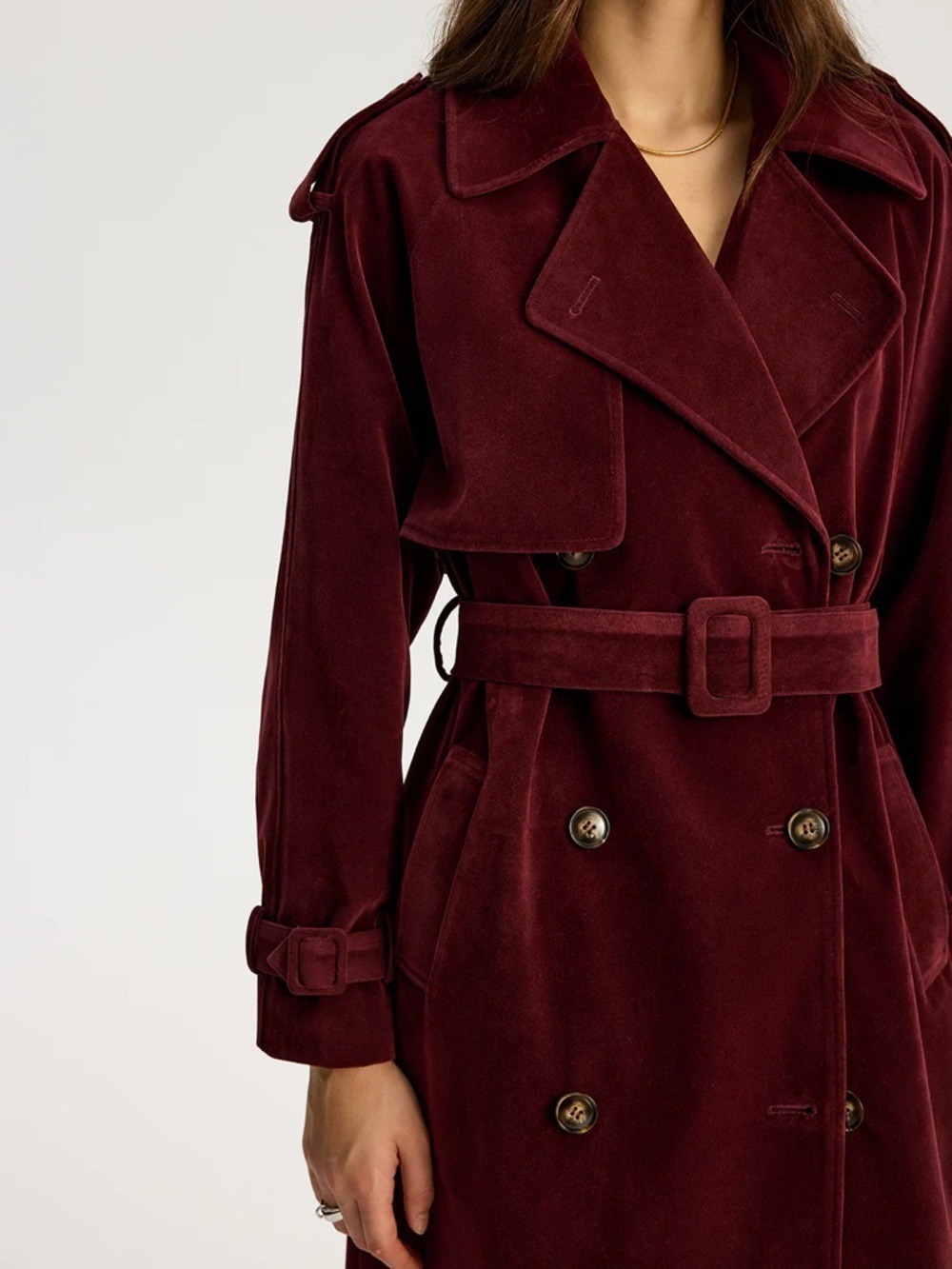 Commense Belted Double-Breasted Suede Effect Long Trench Coat - Picture 4 of 13